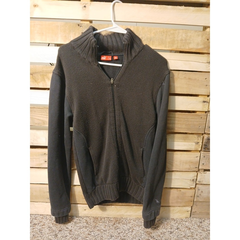 Puma Sweater Mens Size Medium Black Logo Casual Full Zip Up Sweatshirt !!